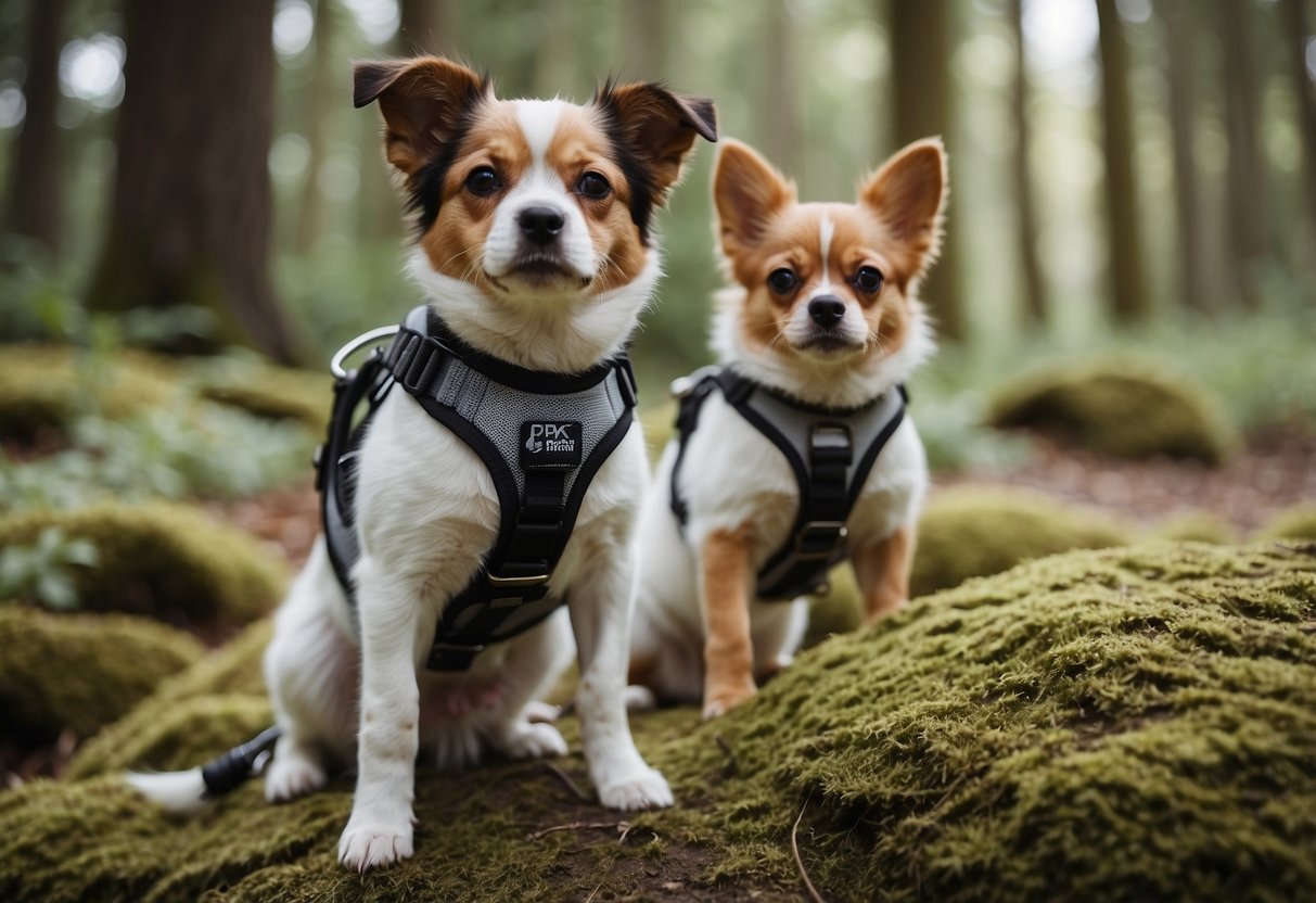 Pets wearing secure and comfortable harnesses, exploring nature while geocaching