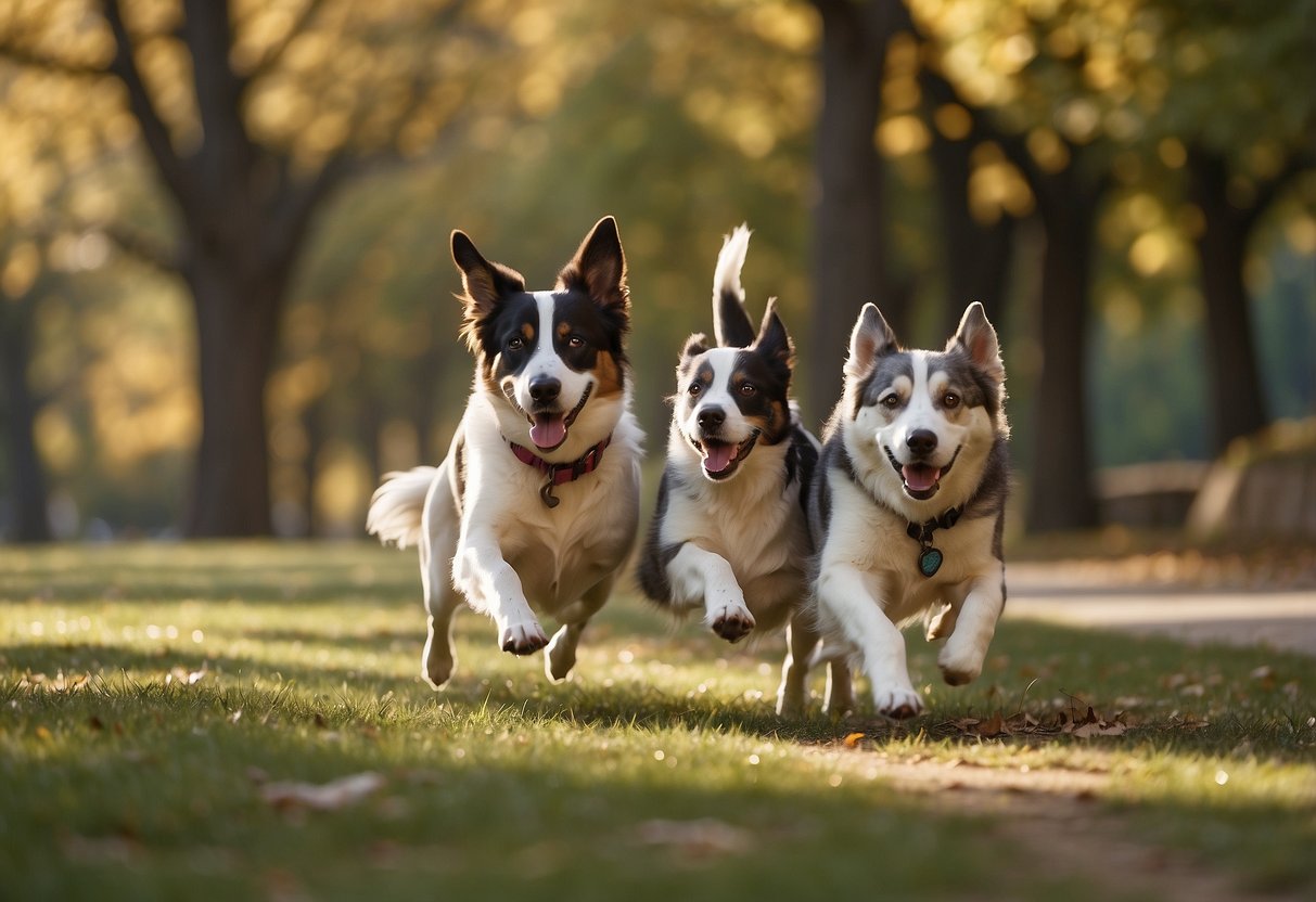 Dogs running off-leash in a park, following geocaching commands. A map and GPS device are visible