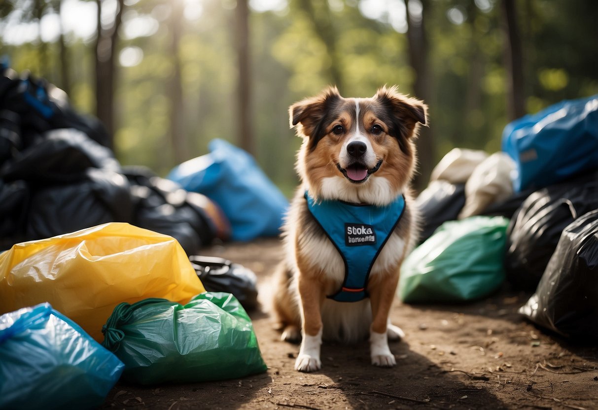 A dog stands next to a pile of waste bags, ready for a geocaching adventure. A leash and water bowl sit nearby