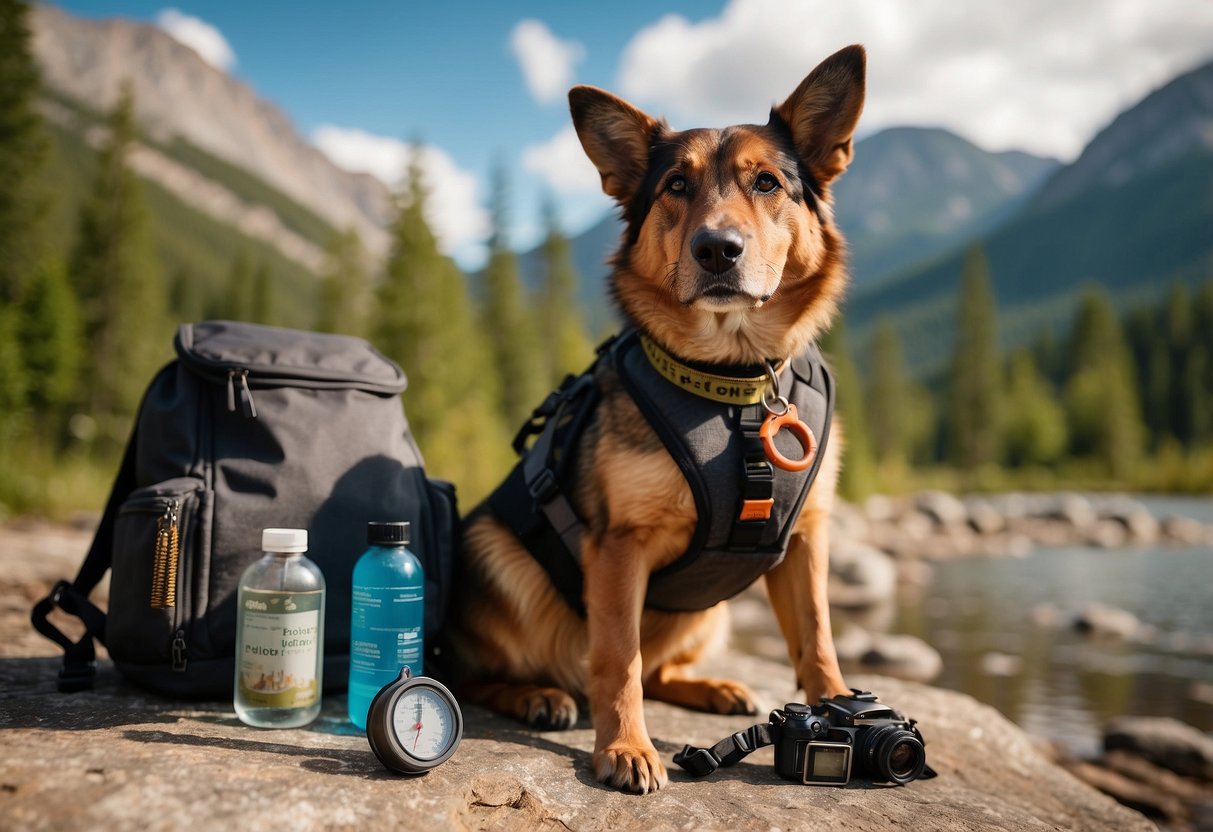 A dog with a collar and leash sits next to a backpack filled with water and snacks. A tick and flea prevention product is visible nearby. A map and compass lay on the ground