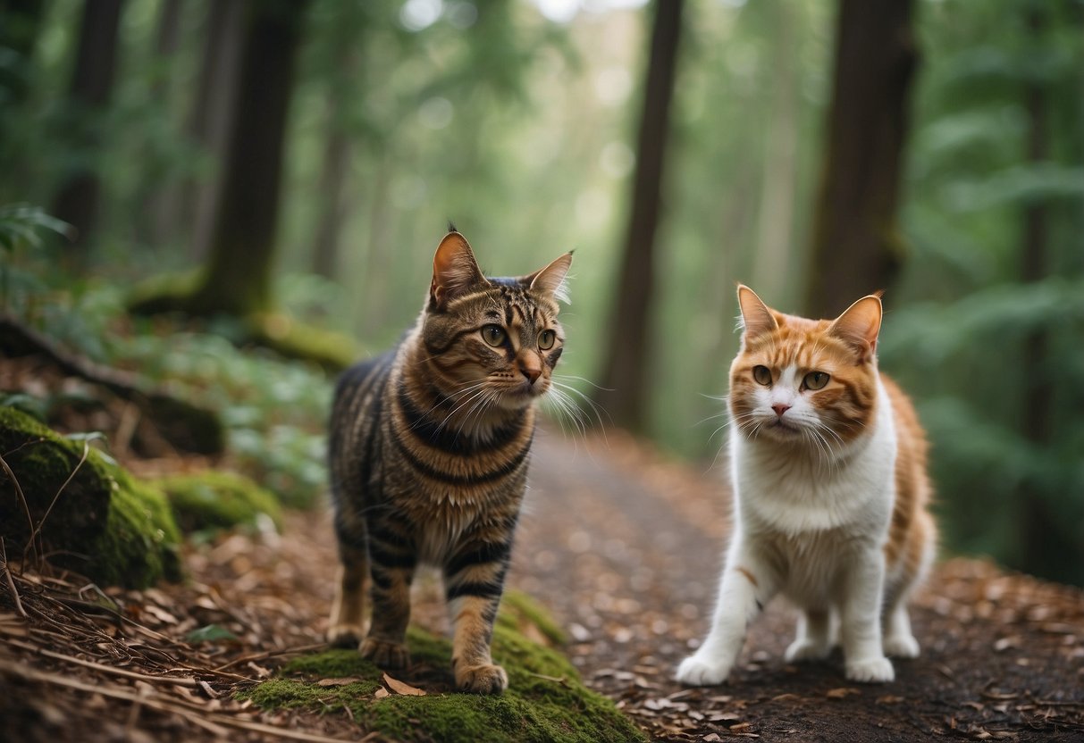 A dog and cat explore a forest trail, sniffing around containers hidden among trees and rocks. Their owners follow, using GPS devices to guide them