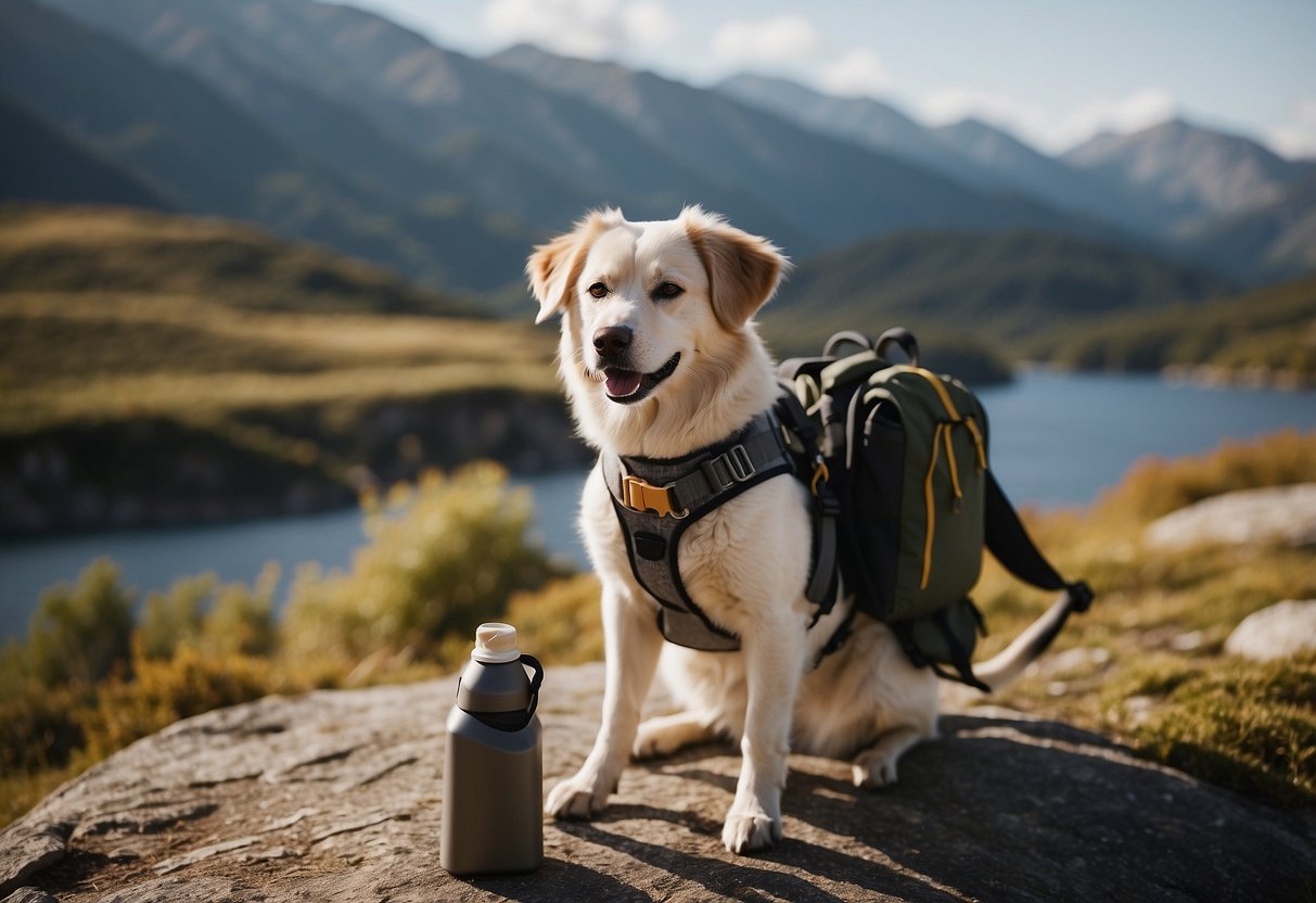 A dog sits eagerly by a backpack filled with supplies. A leash and harness are laid out, along with a water bowl and treats. A map and GPS device are ready for the adventure