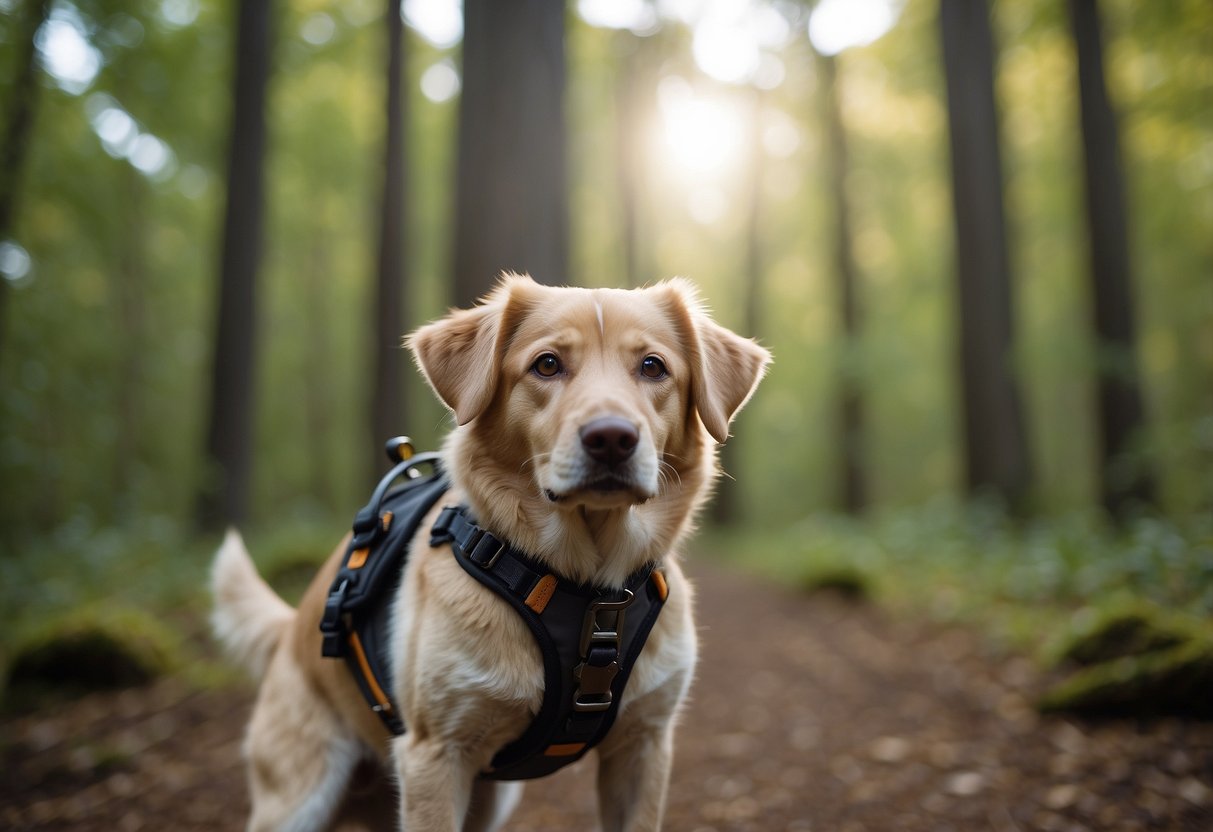 A dog wearing a harness with a small backpack attached, eagerly sniffing around a wooded area while its owner holds a GPS device and encourages the dog to search for hidden treasures