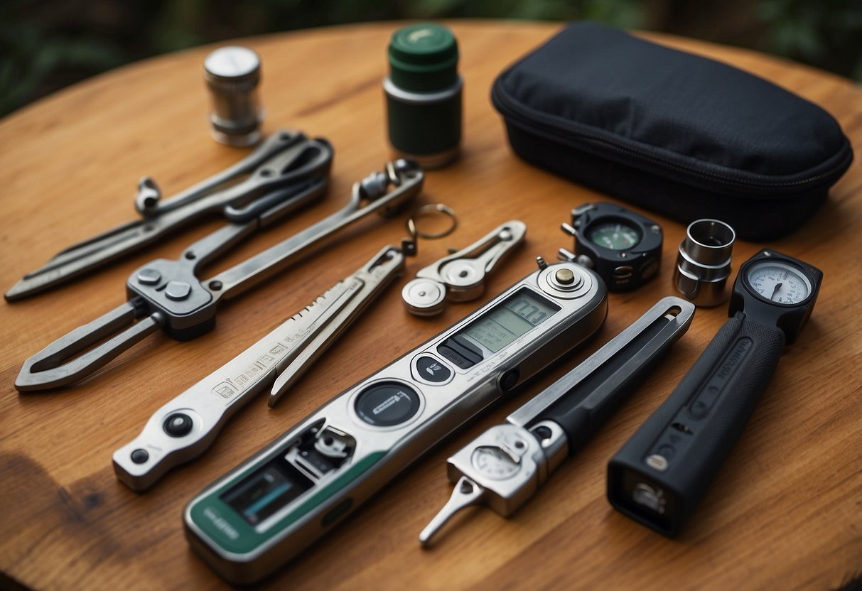 A table displaying 5 different multi-tools, each with various attachments and features. A geocaching map and compass are also present, along with a small container hidden in the background