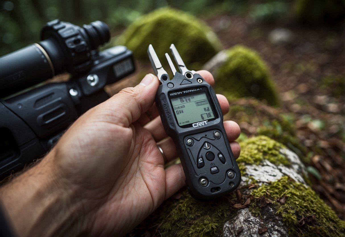 A hand holding a CRKT Technician 5 multi-tool, surrounded by geocaching equipment and a GPS device, with a geocache hidden in the background