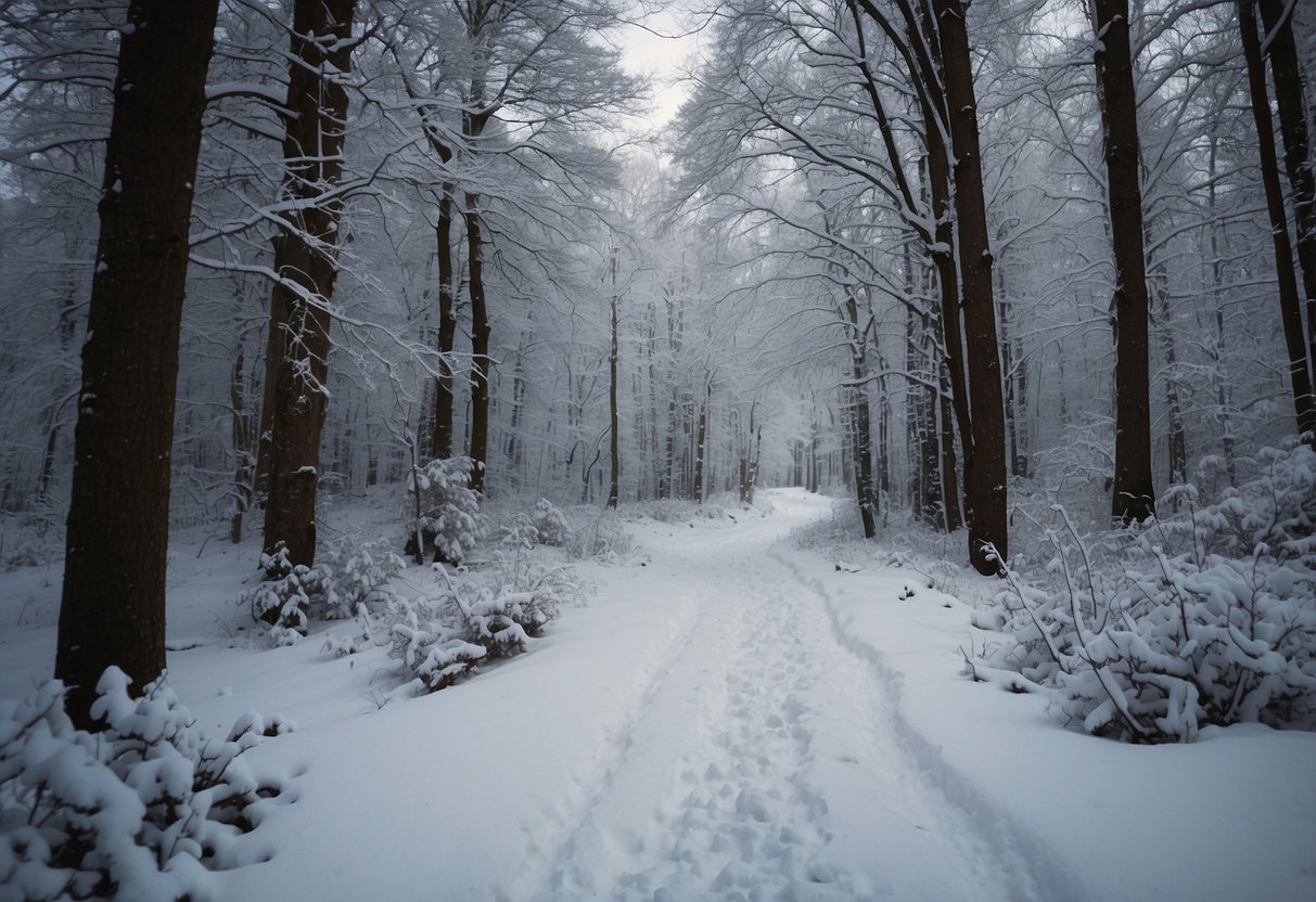 A snowy forest with a winding trail, leading to a hidden geocache under a tree. Snowflakes fall gently, covering the landscape in a winter wonderland