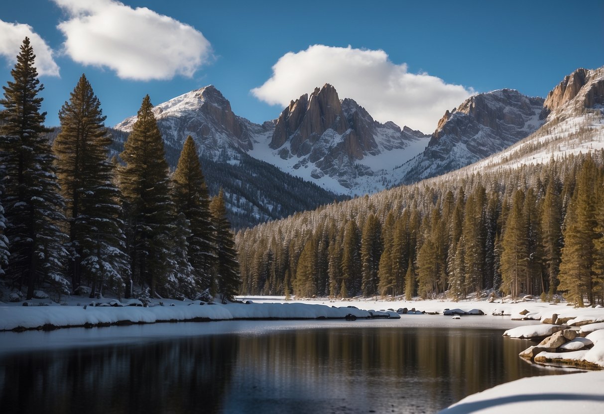 Snow-covered peaks tower over a frozen lake, surrounded by pine trees. A geocacher searches for hidden treasures in the winter wonderland of Rocky Mountain National Park, Colorado