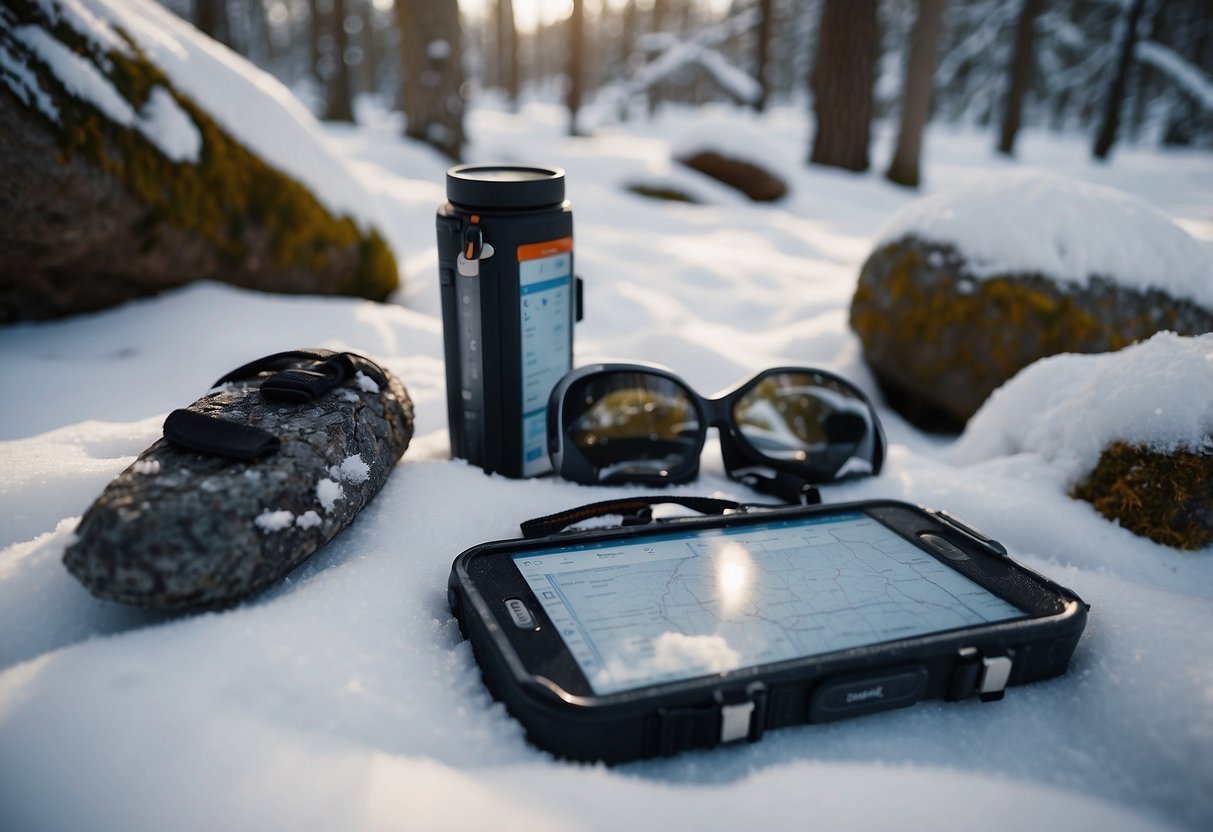 Snow-covered landscape with trees and rocks. A geocacher's backpack, GPS device, and winter gear are scattered on the ground. Snowshoes and a map are nearby