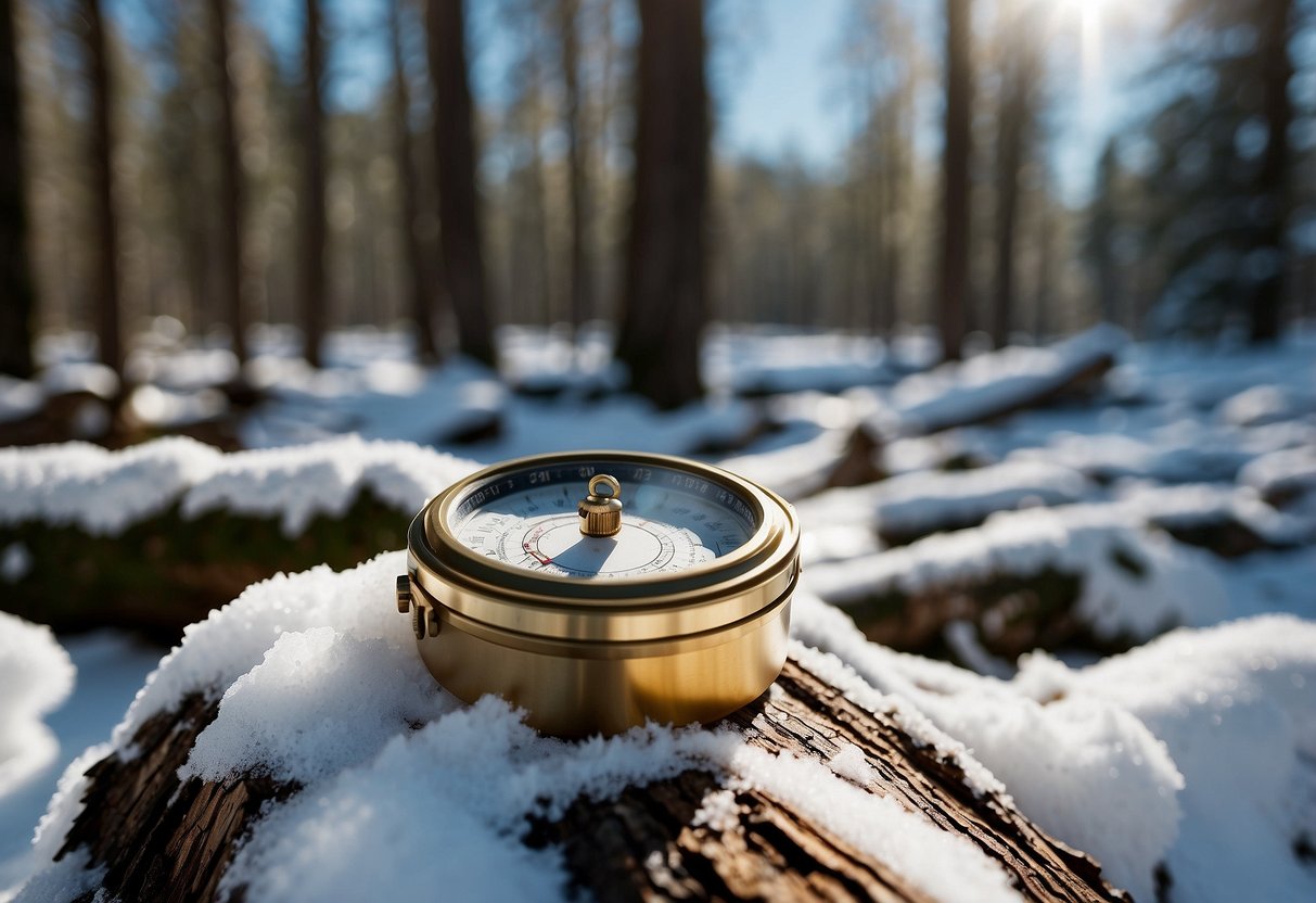 A snowy forest with a geocache hidden under a fallen log. Snow-covered trees and a clear blue sky. A compass and map nearby