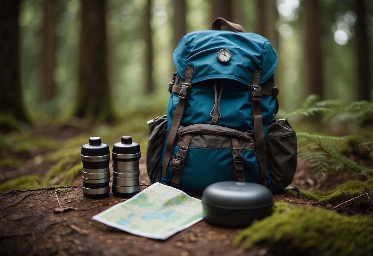 A hiker's backpack with a map, compass, and water bottle. A trail winding through a forest with hidden caches. Hiking boots with thick socks. An open blister prevention guide