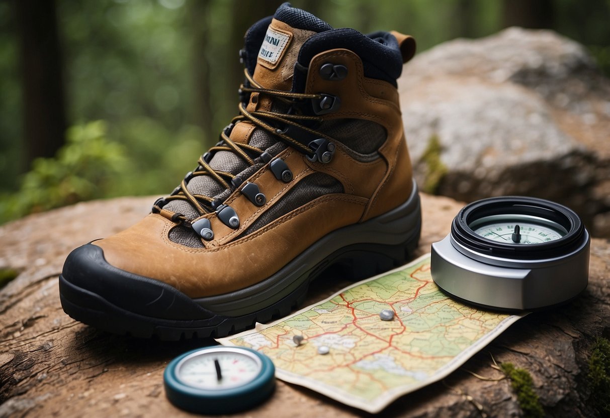 A hand applies anti-chafe balm to a hiking boot. The boot is surrounded by a map, compass, and geocaching supplies