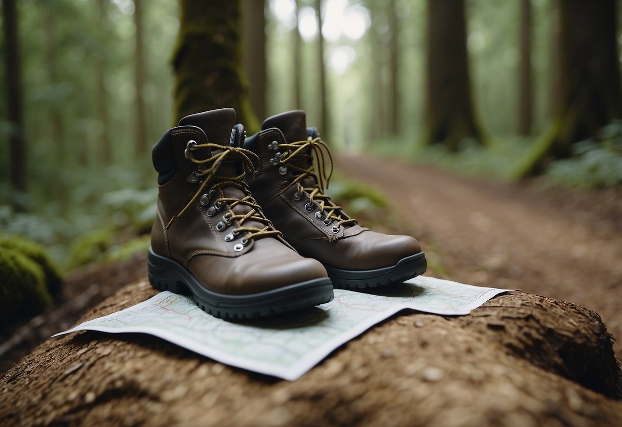 New shoes on a dirt path, surrounded by trees. A geocaching map and compass lie nearby. The shoes are being worn in gradually to avoid blisters