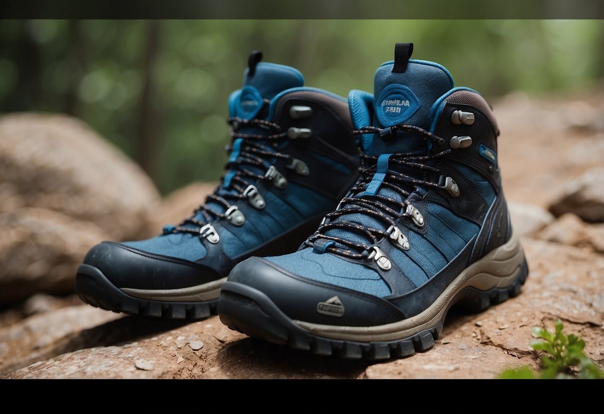 A pair of hiking boots on a dry, rocky trail with a geocaching GPS device in hand, surrounded by lush greenery and a clear blue sky