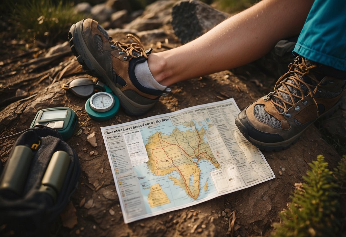 A hiker's foot with a blister, surrounded by geocaching equipment and a trail map. Seven tips for avoiding blisters are written in bold text