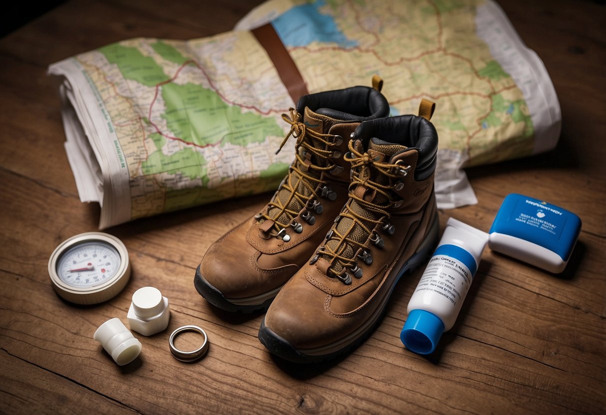 A pair of sturdy hiking boots next to a pile of blister bandages and a bottle of sunscreen, surrounded by a map, compass, and GPS device