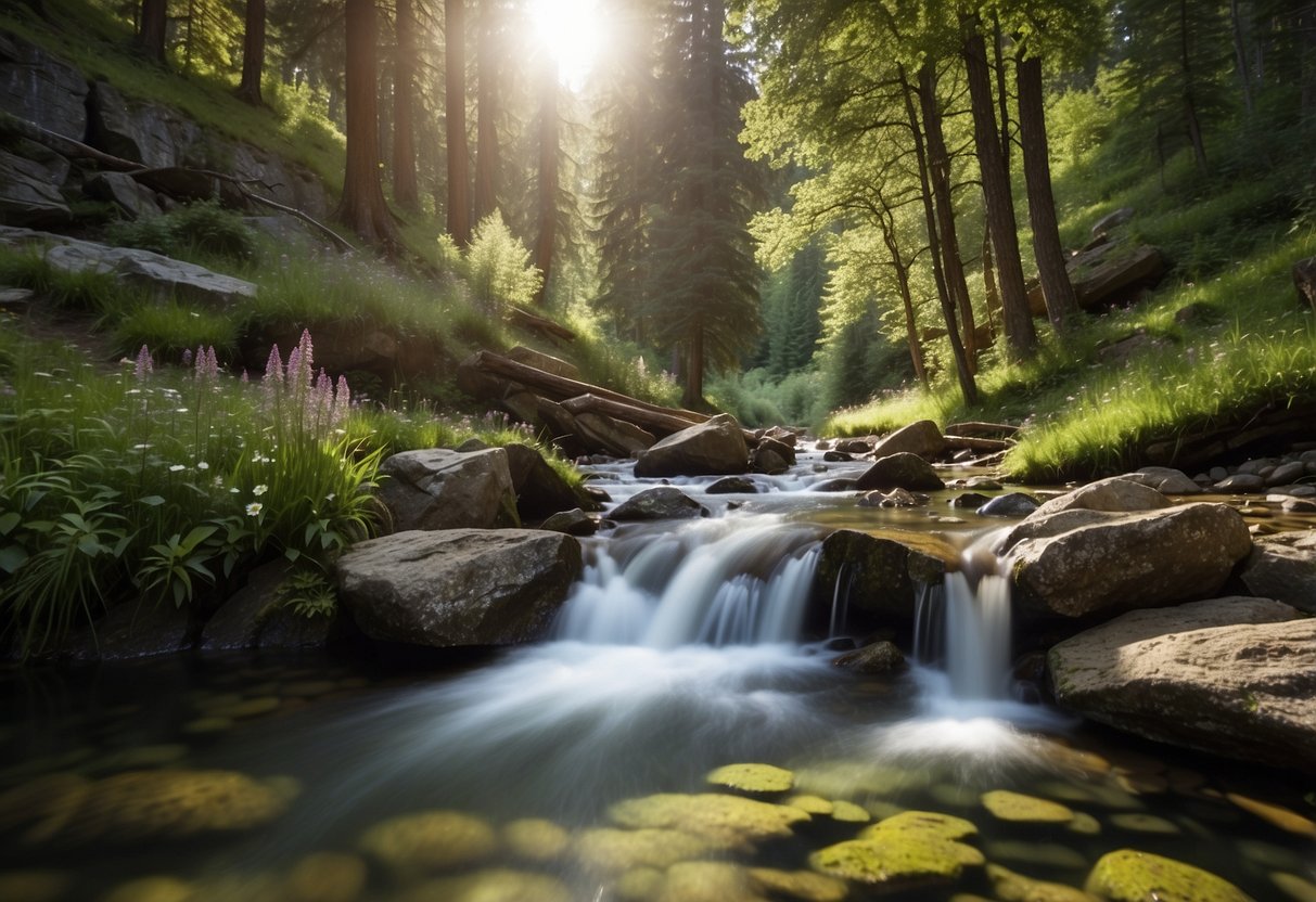 Crystal-clear stream flowing through lush forest, bubbling brook in open meadow, tranquil lake nestled in mountains, sparkling waterfall cascading down rocky cliff, and serene pond surrounded by wildflowers