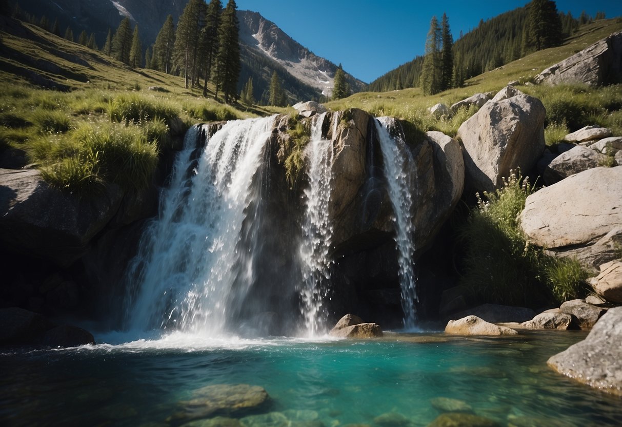 Crystal Geyser Alpine Spring Water gushing from a rocky outcrop, surrounded by lush greenery and a clear blue sky