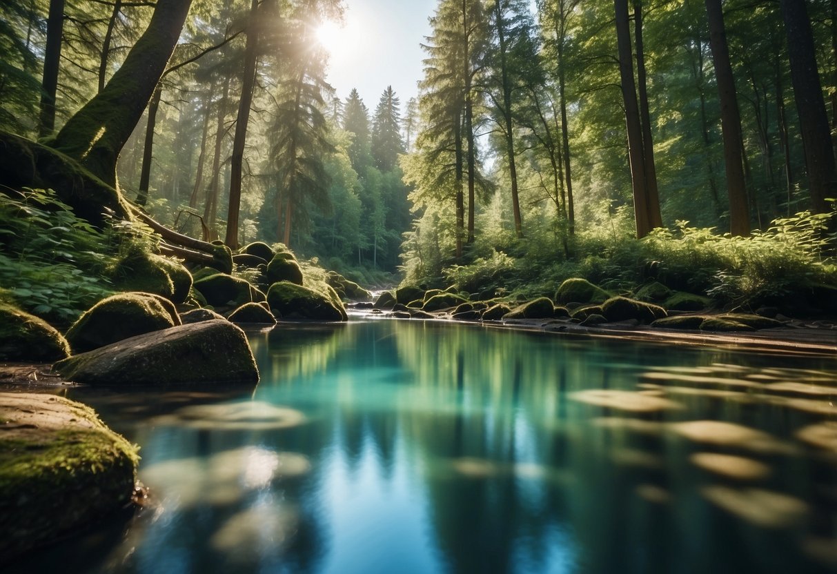 A serene forest clearing with a bubbling natural spring, surrounded by lush greenery, with a clear blue sky overhead