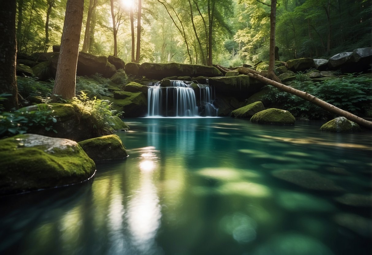 A serene natural spring surrounded by lush greenery, with clear water flowing from the source. A sign reads "Poland Spring Natural Spring Water."