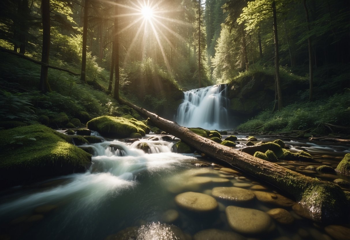 Crystal clear stream flowing through lush forest, with a sparkling waterfall in the background. A serene lake glistens in the sunlight, surrounded by towering mountains