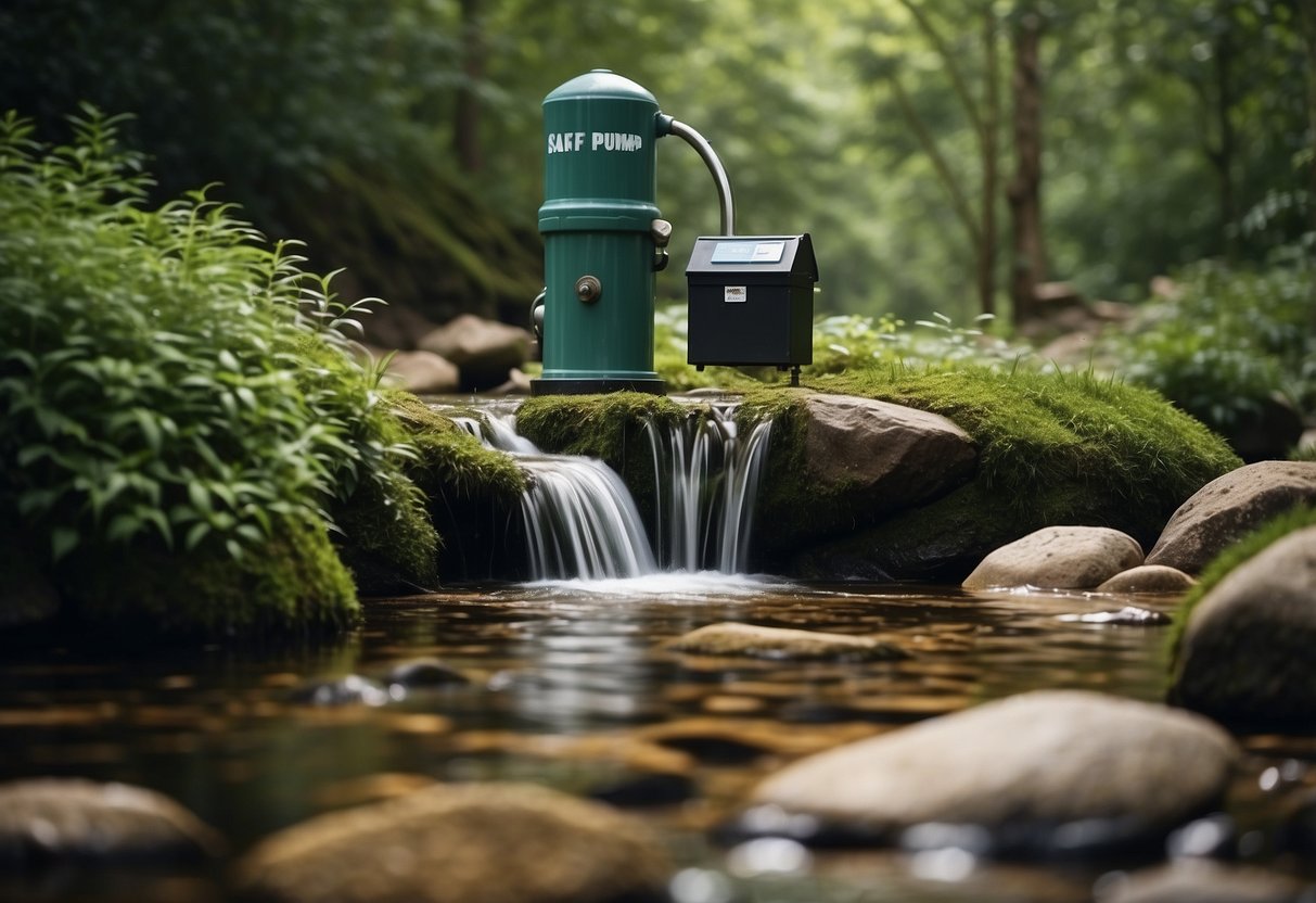 A clear mountain stream flows over smooth rocks, surrounded by lush green vegetation. A well pump stands in a grassy clearing, with a sign indicating safe drinking water