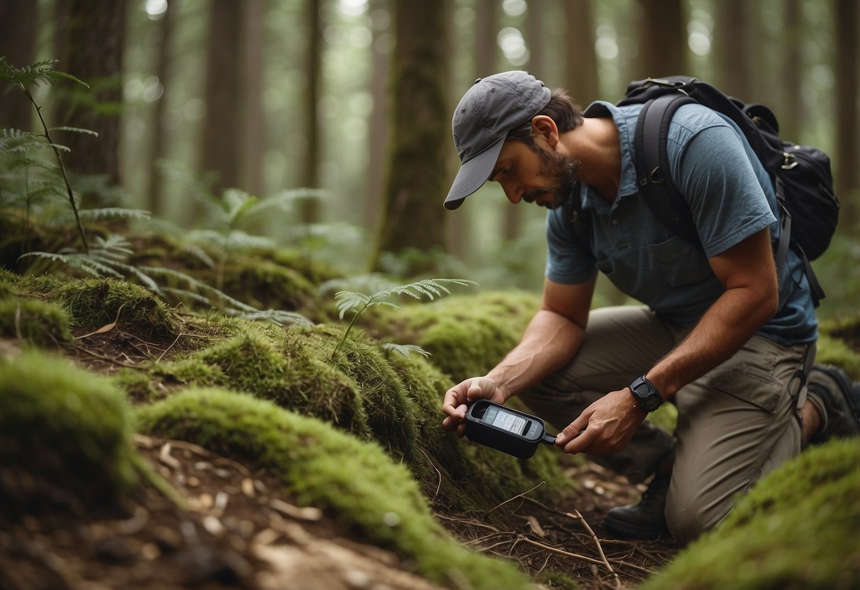 A geocacher carefully placing a cache in a natural setting, using minimal impact techniques to leave no trace behind