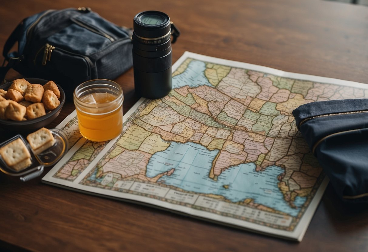 A map laid out on a table with a compass, GPS device, and a notebook. A backpack with water bottle and snacks sits nearby. Trash-free surroundings