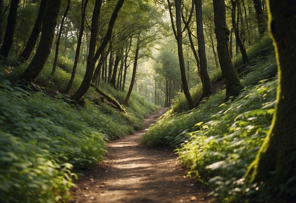 A winding trail through a lush forest, with a geocacher following the path. The surrounding vegetation is undisturbed, and the geocacher is careful to leave no trace of their presence