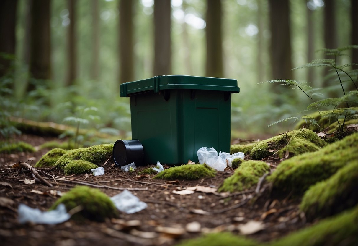 A forest clearing with a geocache container surrounded by scattered trash. Nearby, 10 examples of leaving no trace, such as picking up trash and covering footprints