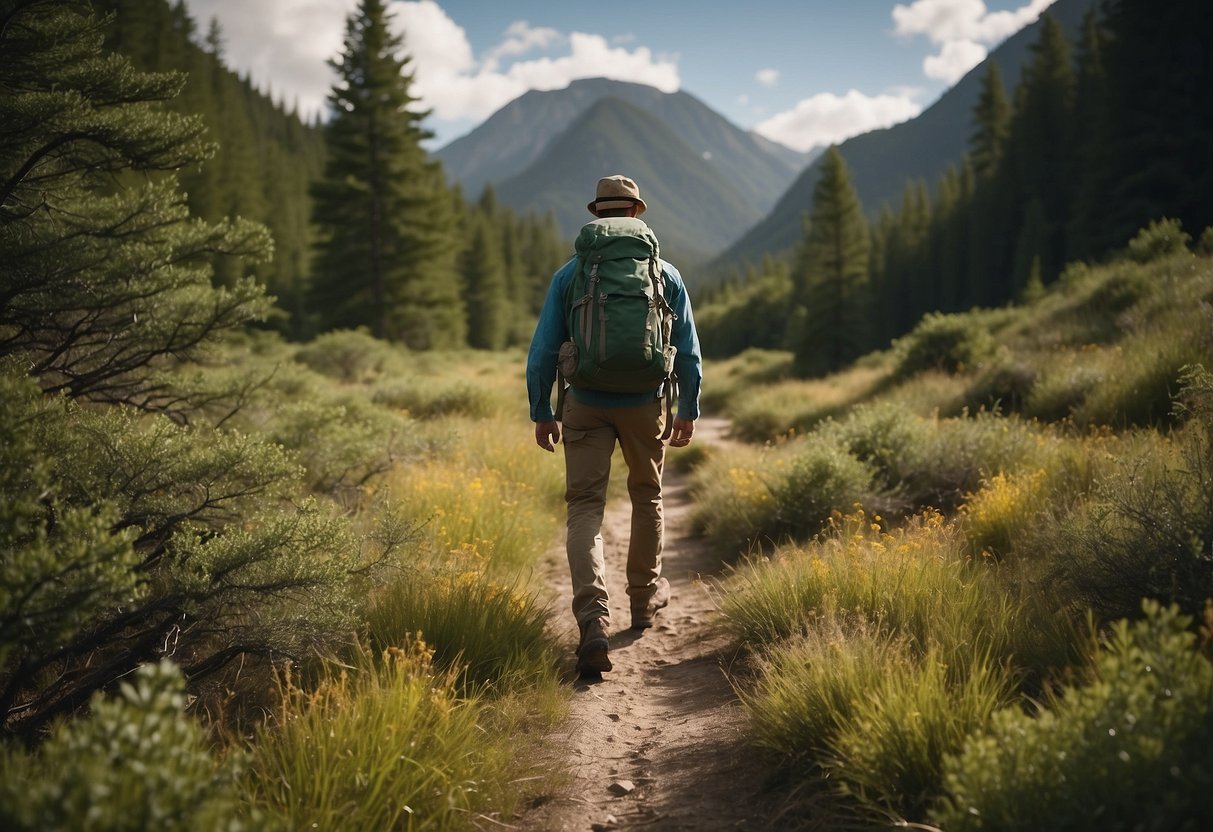 A geocacher follows a trail, carefully avoiding trampling vegetation and disturbing wildlife. They use designated paths and leave no trace of their presence