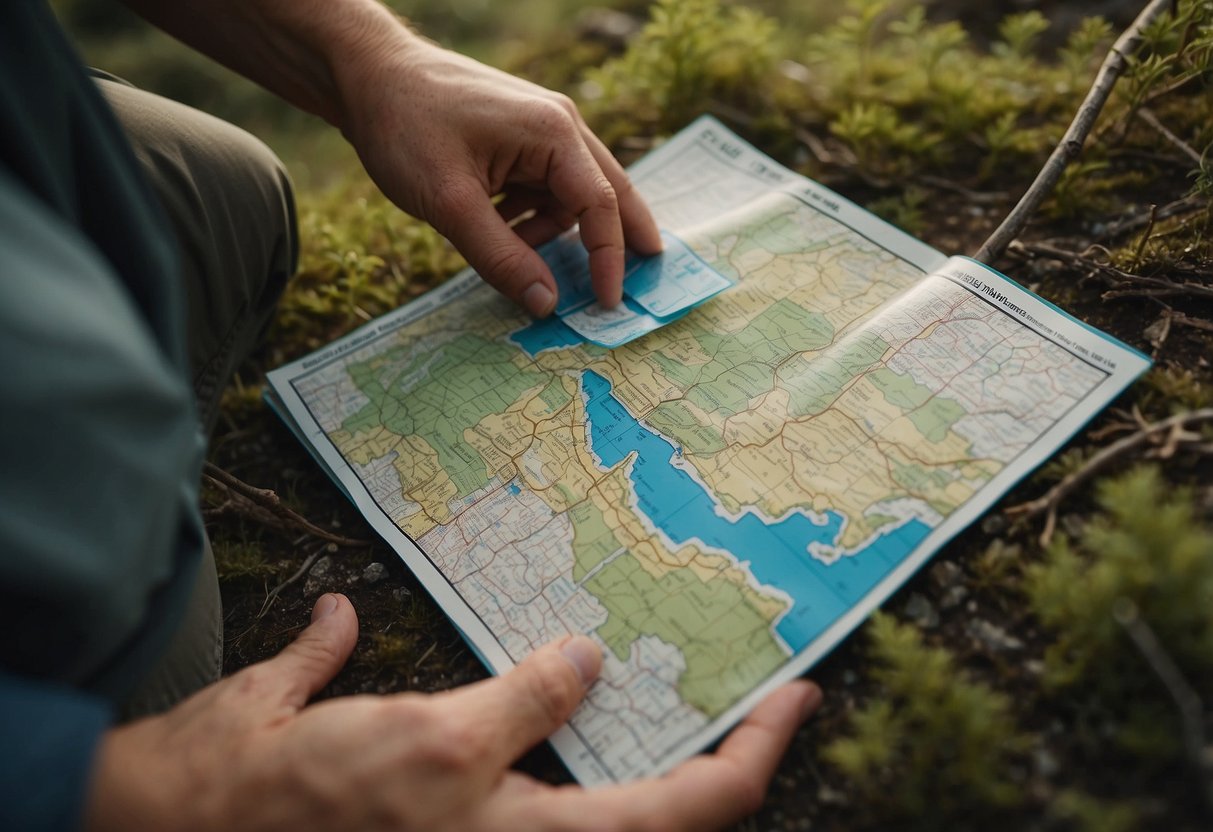 A geocacher carefully treads around delicate ecosystems, using a map and GPS to locate hidden treasures without disturbing the environment