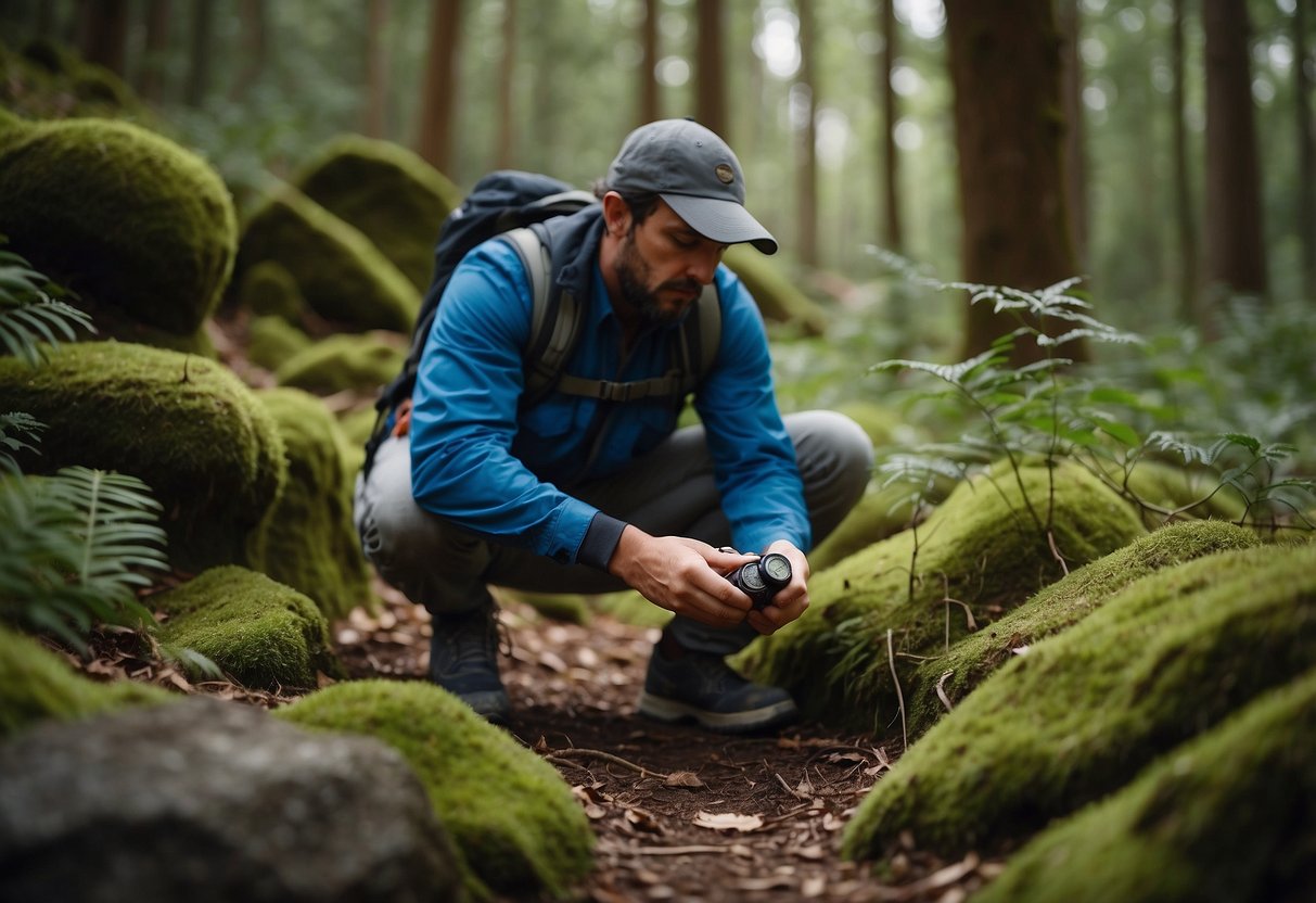 A geocacher carefully replaces a hidden cache, leaving the natural surroundings undisturbed. The cache is nestled among rocks and foliage, blending seamlessly with the environment