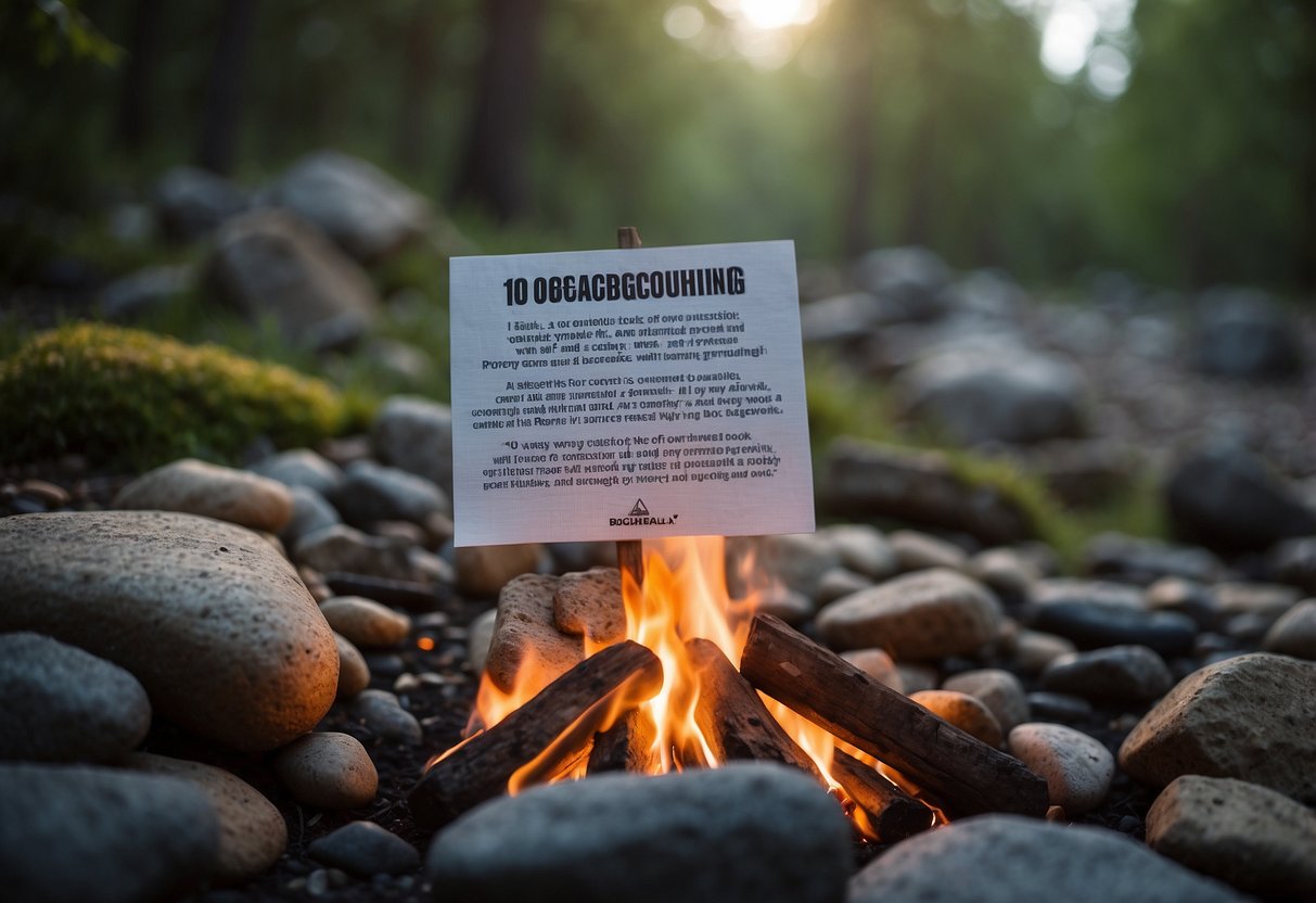 A campfire surrounded by rocks, with a sign nearby listing 10 ways to minimize impact while geocaching. No humans or body parts present