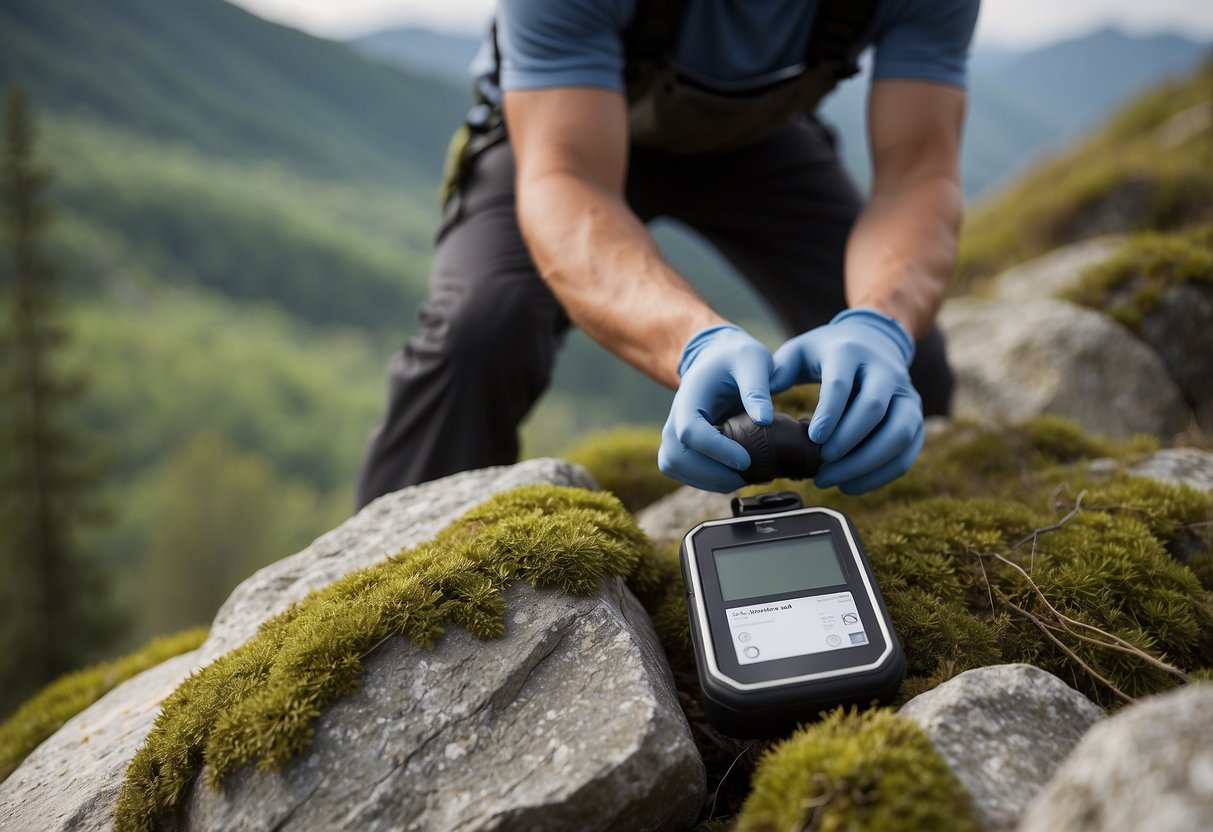 Geocacher places cache on rock, avoiding fragile plants. Uses gloves to handle items, leaves no litter. Carefully replaces rock cover