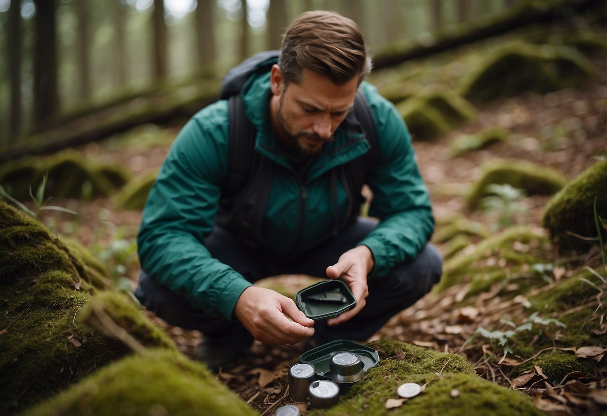 A geocacher carefully places a cache in a natural setting, using minimal impact techniques. They pack out all waste and leave the area undisturbed