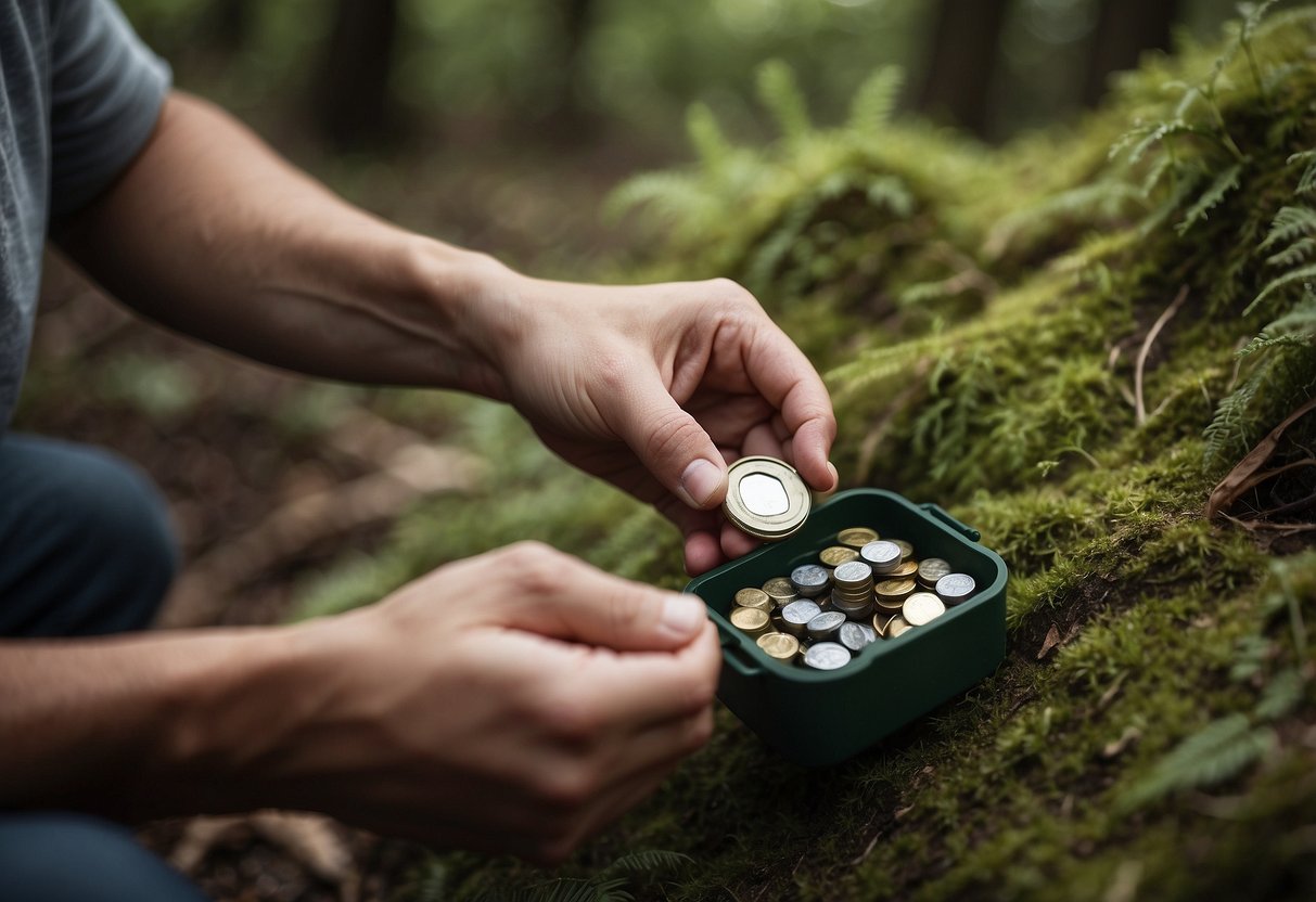 A geocacher carefully places a cache in a secluded, natural area, ensuring it blends in with the surroundings and causes no harm to the environment