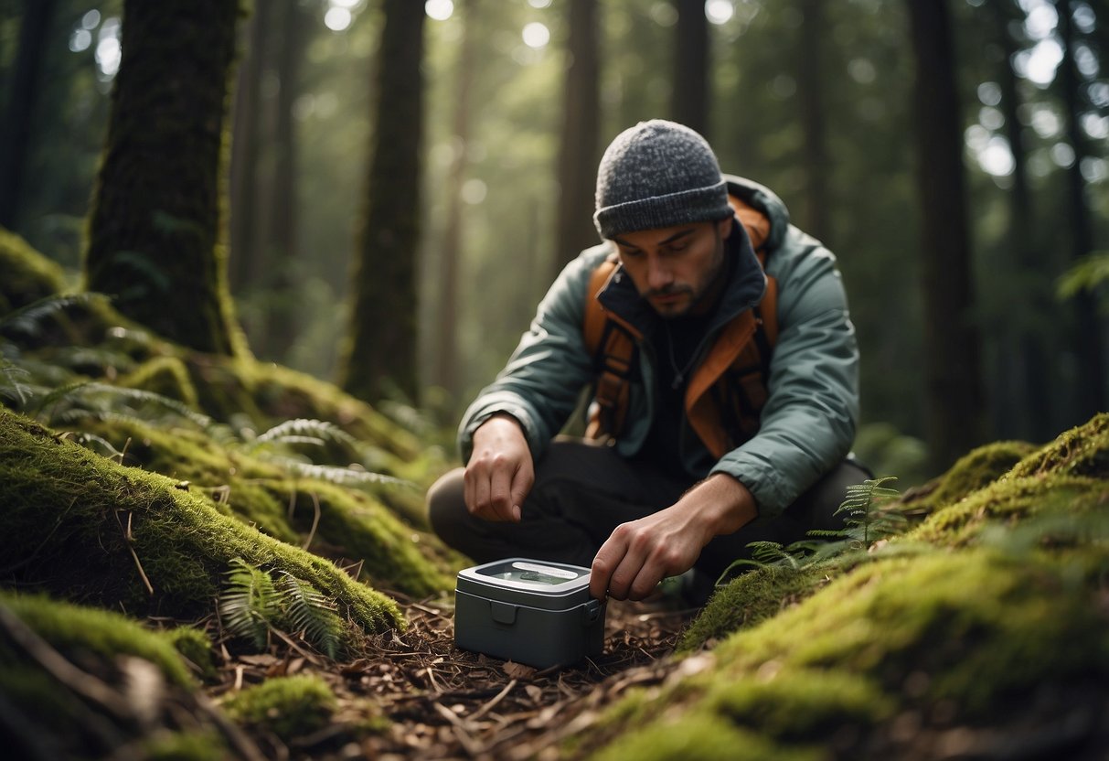 A geocacher carefully places a cache in a natural setting, ensuring it is hidden from view and does not disturb the environment. They use minimal impact techniques and leave the area exactly as they found it