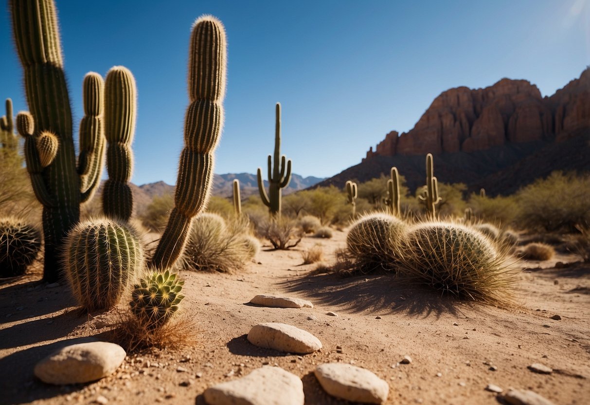 A bright, sunny day with a clear blue sky. A trail winds through a dry, desert landscape with cacti and rock formations. A geocacher searches for hidden treasures using a GPS device