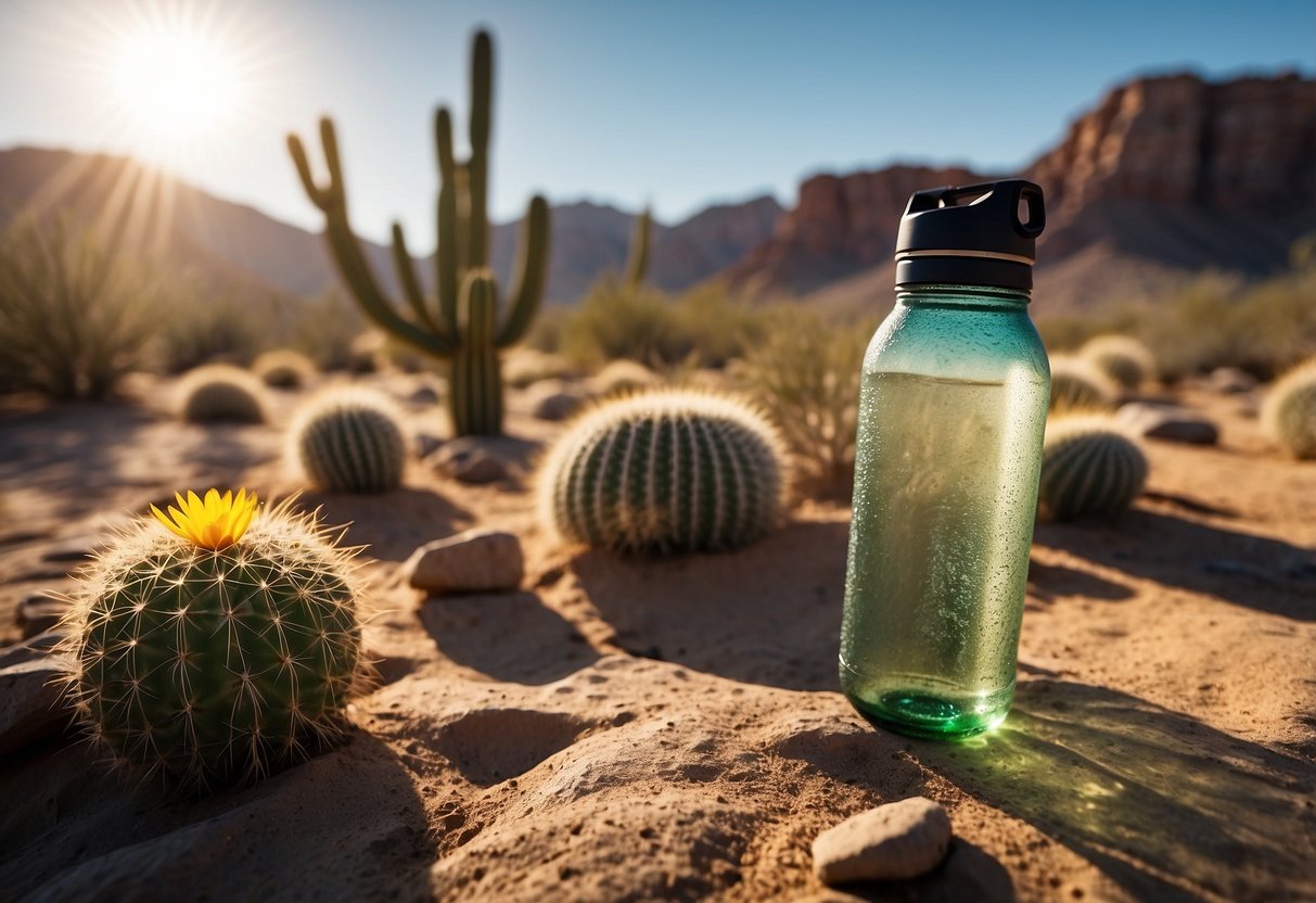 Bright sun over desert landscape, cactus and rocks. Map, GPS, and water bottle in foreground. Heat waves shimmering in the distance