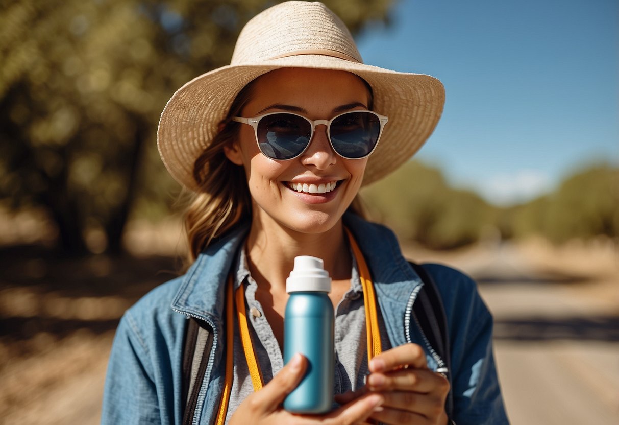 A sunny day with a geocacher wearing a wide-brimmed hat, sunglasses, long sleeves, and applying sunscreen. Water bottle and map in hand