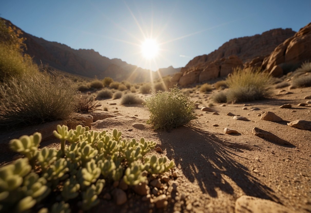 A desert landscape with sparse vegetation and rocky terrain. The sun beats down on the ground, casting harsh shadows. A geocacher searches for shady spots among the rocks and plants