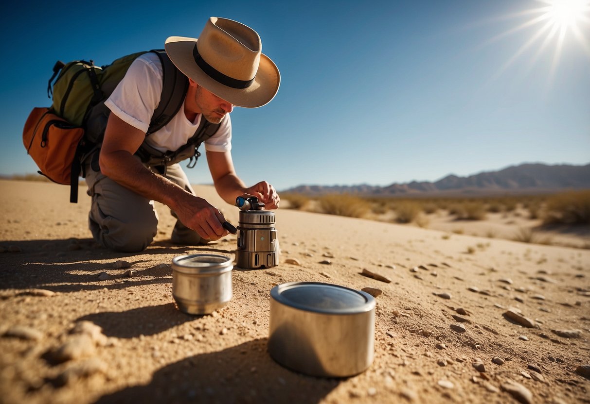 A desert landscape with a geocacher searching for a hidden treasure under a scorching sun. The cacher is equipped with a hat, sunscreen, and plenty of water, while following a GPS device