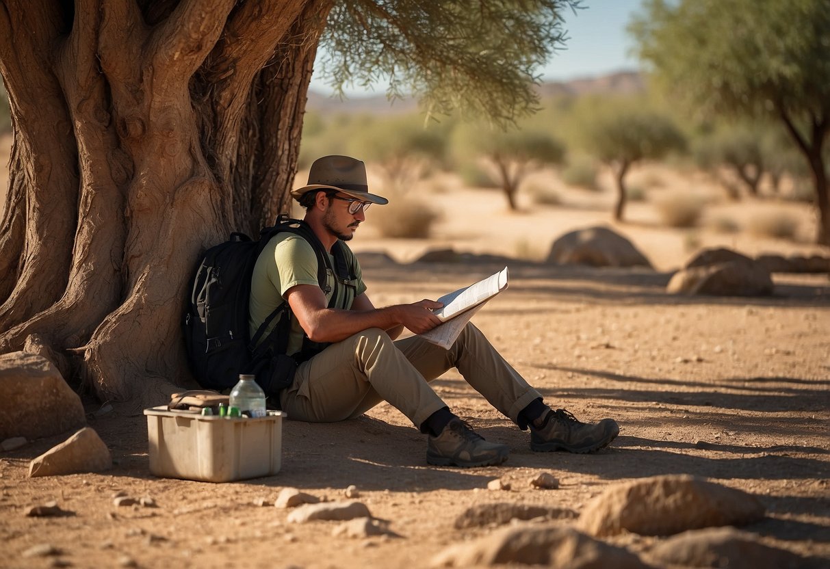 A geocacher rests under a shady tree, sipping water and checking their map. The sun beats down on the dry, rocky terrain. Nearby, a small container is hidden among the rocks, waiting to be found