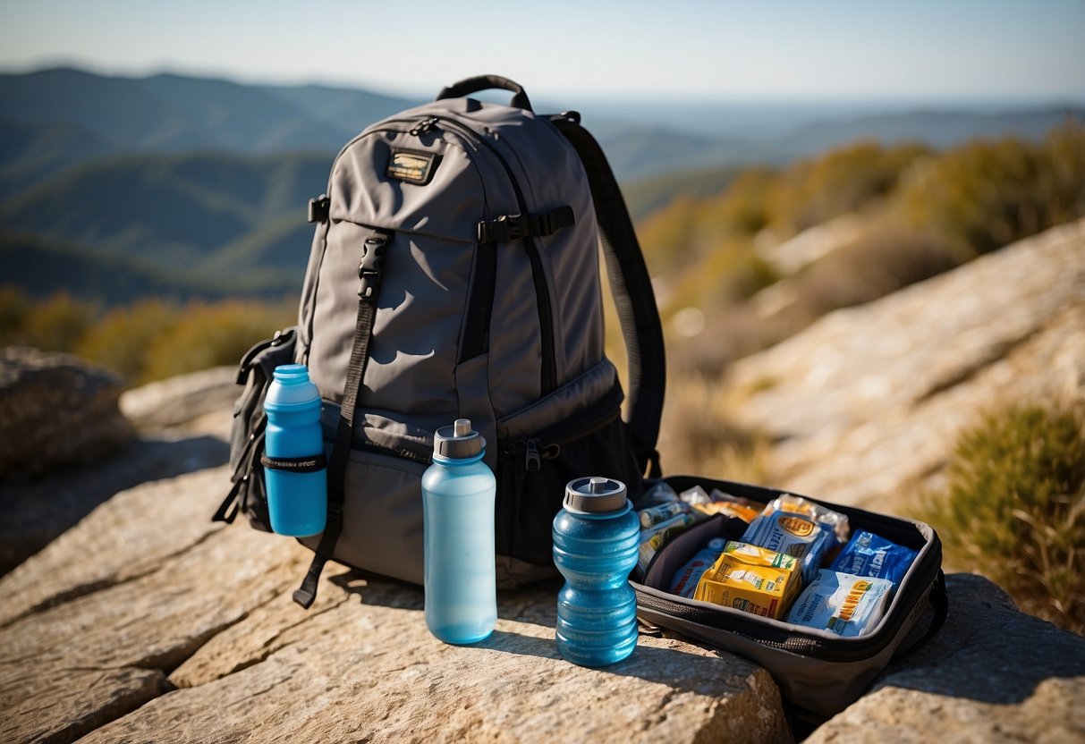 A backpack sits open on a rocky trail, revealing a variety of snacks and a water bottle. The sun beats down on the surrounding landscape, emphasizing the need to stay hydrated and fueled while geocaching in hot weather