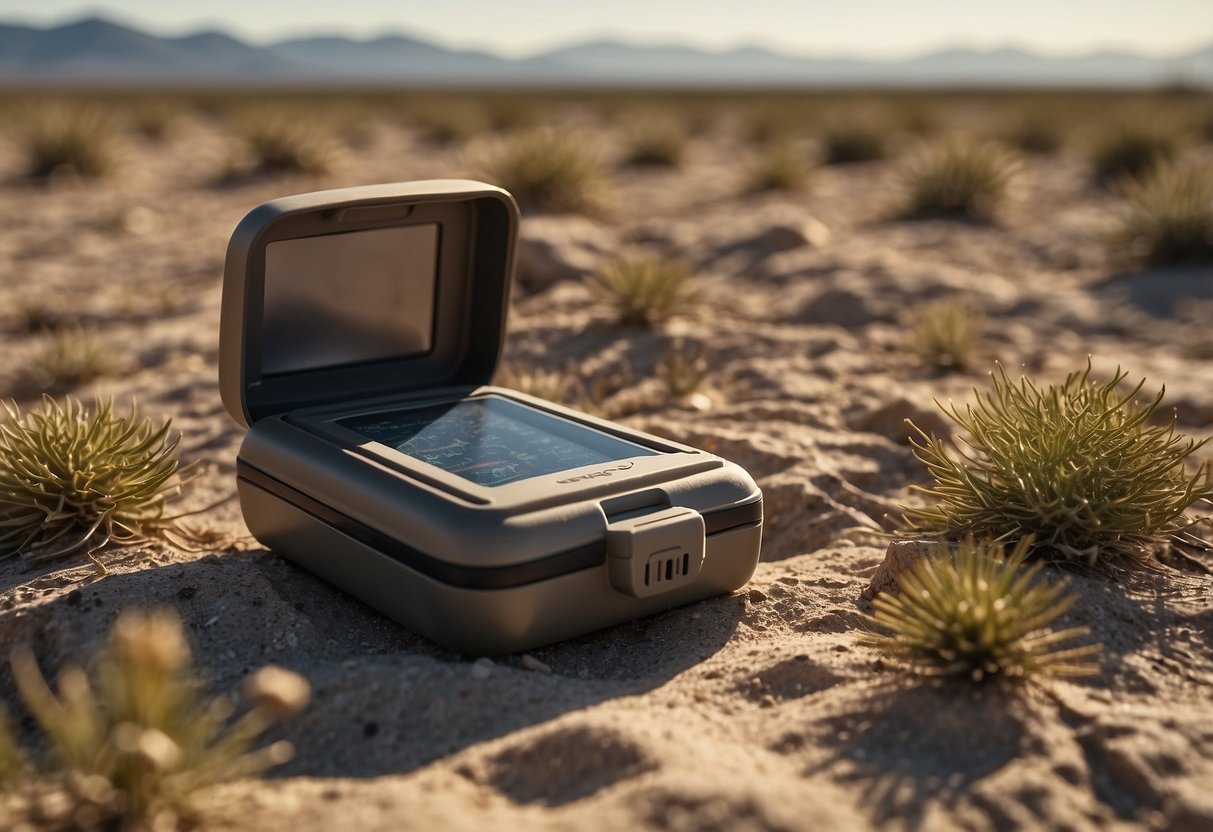 A desert landscape with a scorching sun beating down on a GPS device and a hidden geocache container amongst dry, cracked earth and sparse vegetation