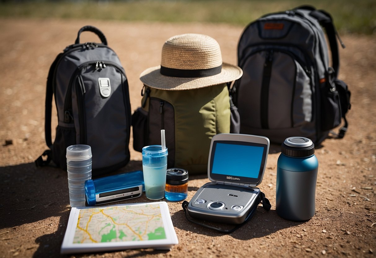 A backpack with water bottles, sunscreen, hat, and sunglasses lies next to a GPS device and a map on a hot, sunny day