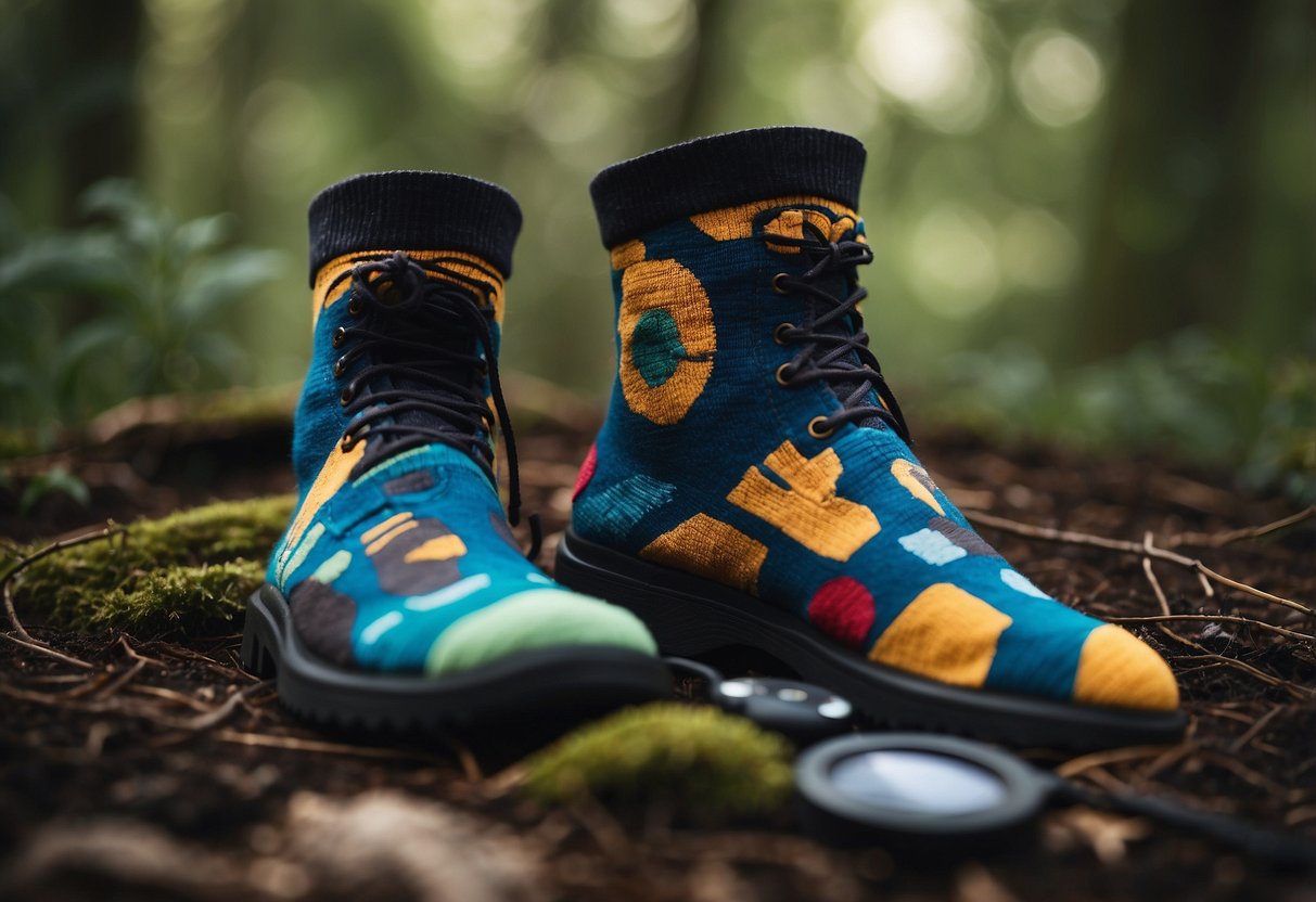 A pair of colorful, patterned socks with a GPS device and a treasure map, surrounded by trees and hidden containers