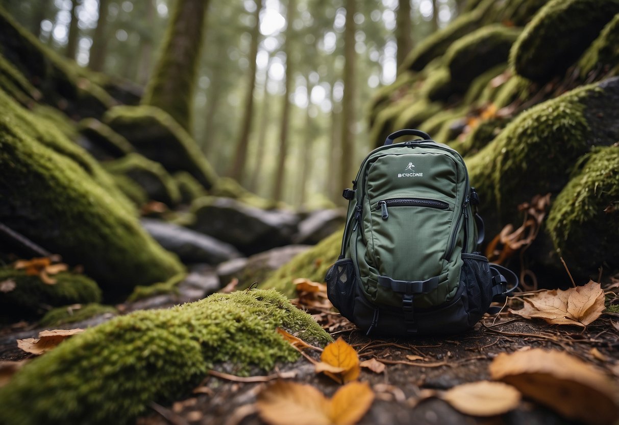 A rugged trail with a geocache hidden under fallen leaves and mossy rocks, with a pair of Darn Tough Hiker Micro Crew Cushion socks peeking out from a backpack