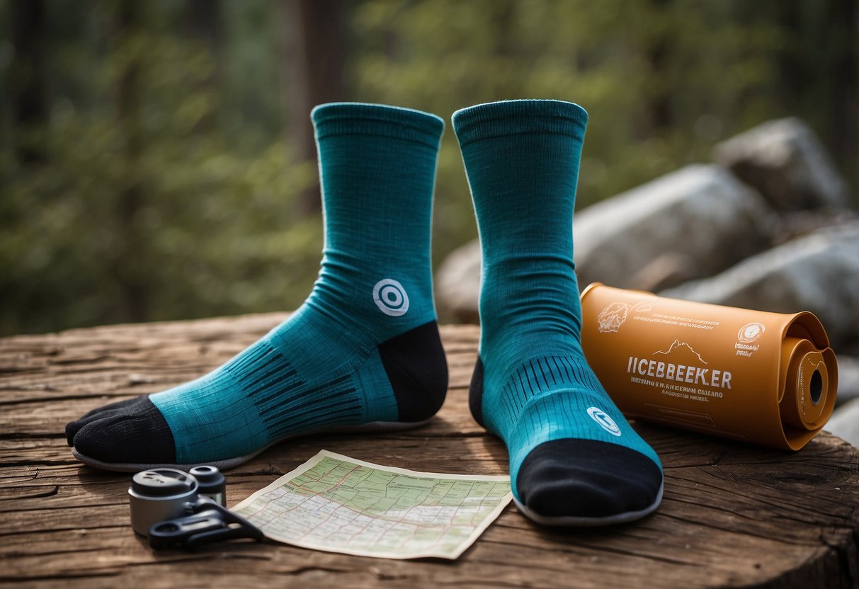 A pair of Icebreaker Merino Light Hiking Crew socks are laid out on a rustic wooden surface, surrounded by geocaching treasures and a map of a wooded area