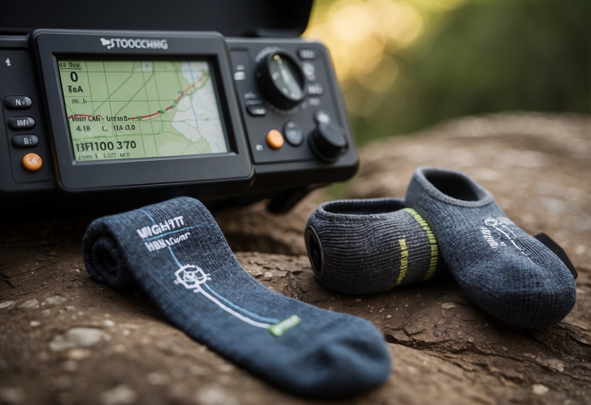 A pair of Wrightsock Coolmesh II Crew socks lying next to a GPS device and a compass, with a geocaching map in the background